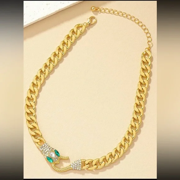Simulated Diamond Inlaid Snake Head & Tail, Emerald Color eyes Goldtone Necklace - Picture 2 of 9